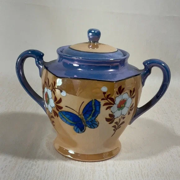 1950’s Japanese Lustreware Set, Sugar Bowl Creamer, 2 Divided Plates, 2 Tea Cups